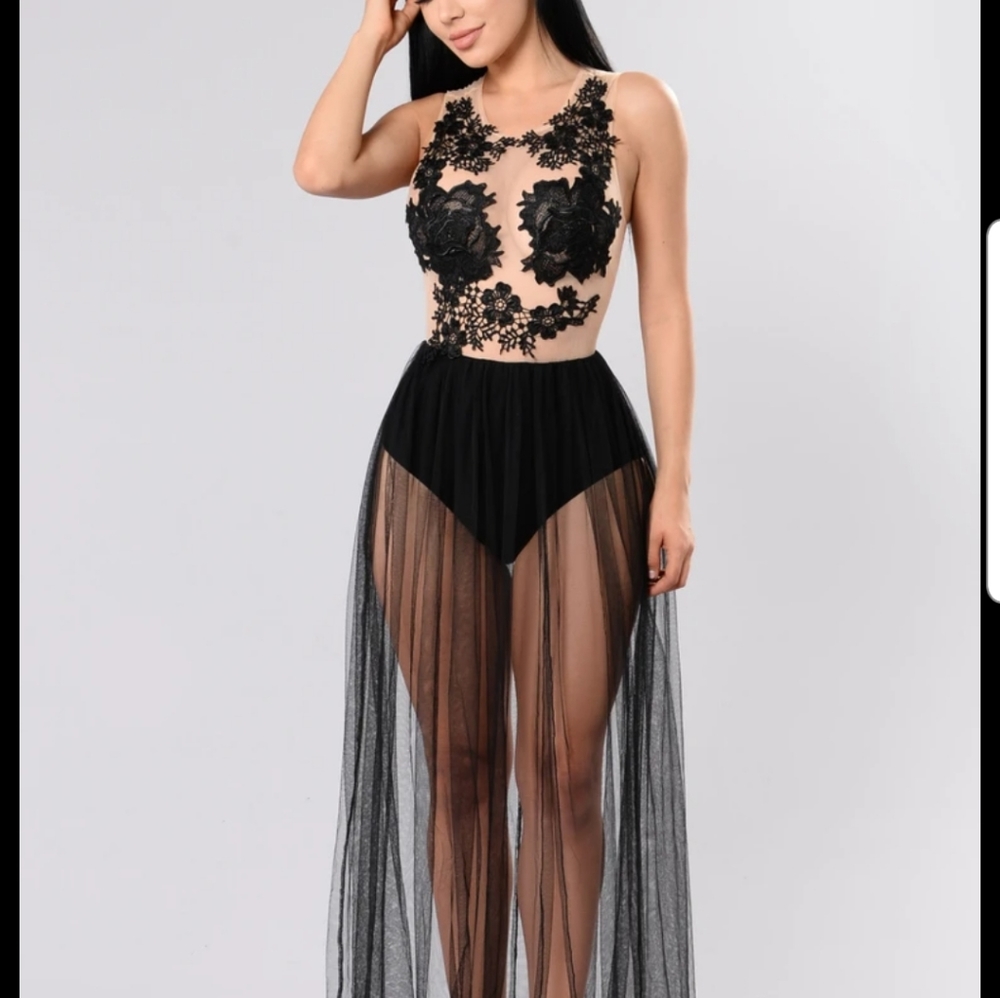 Black lace long sheer dress